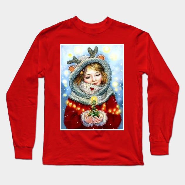 Young Girl Holding a Magical Christmas Tree Print Long Sleeve T-Shirt by posterbobs